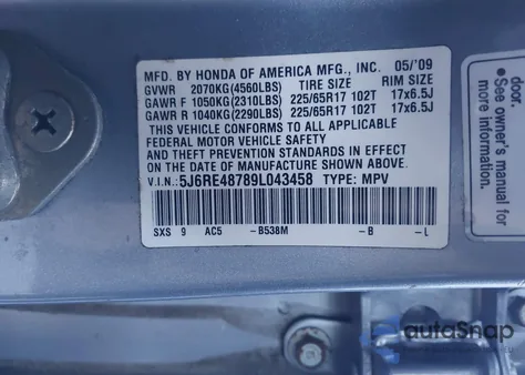 2009 Honda Cr-V Ex-L from USA, damaged, VIN 5J6RE48789L043458